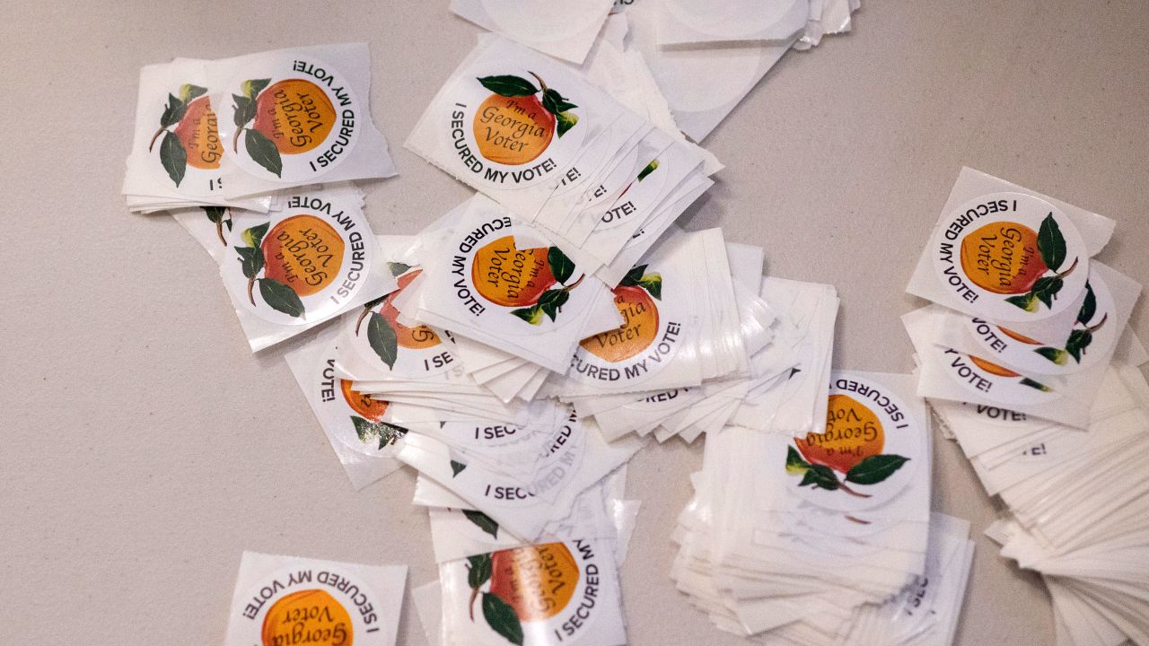 Voter stickers at Morningside Presbyterian Church in Fulton County near Atlanta as Georgia voters weighed in on a Senate runoff election on Tuesday, Dec. 6, 2022.