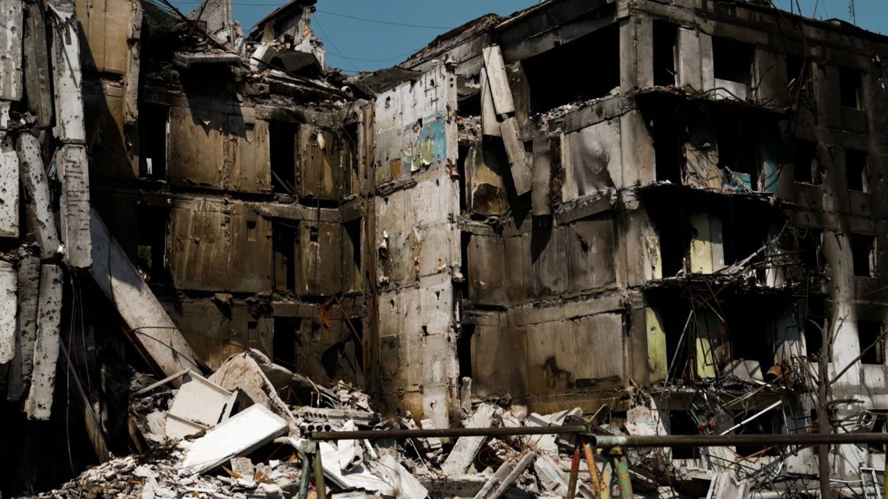 Destroyed buildings in the city of Orikhiv in Ukraine's Zaporizhzhia region, which has been pummelled for months by Russian bombardment.