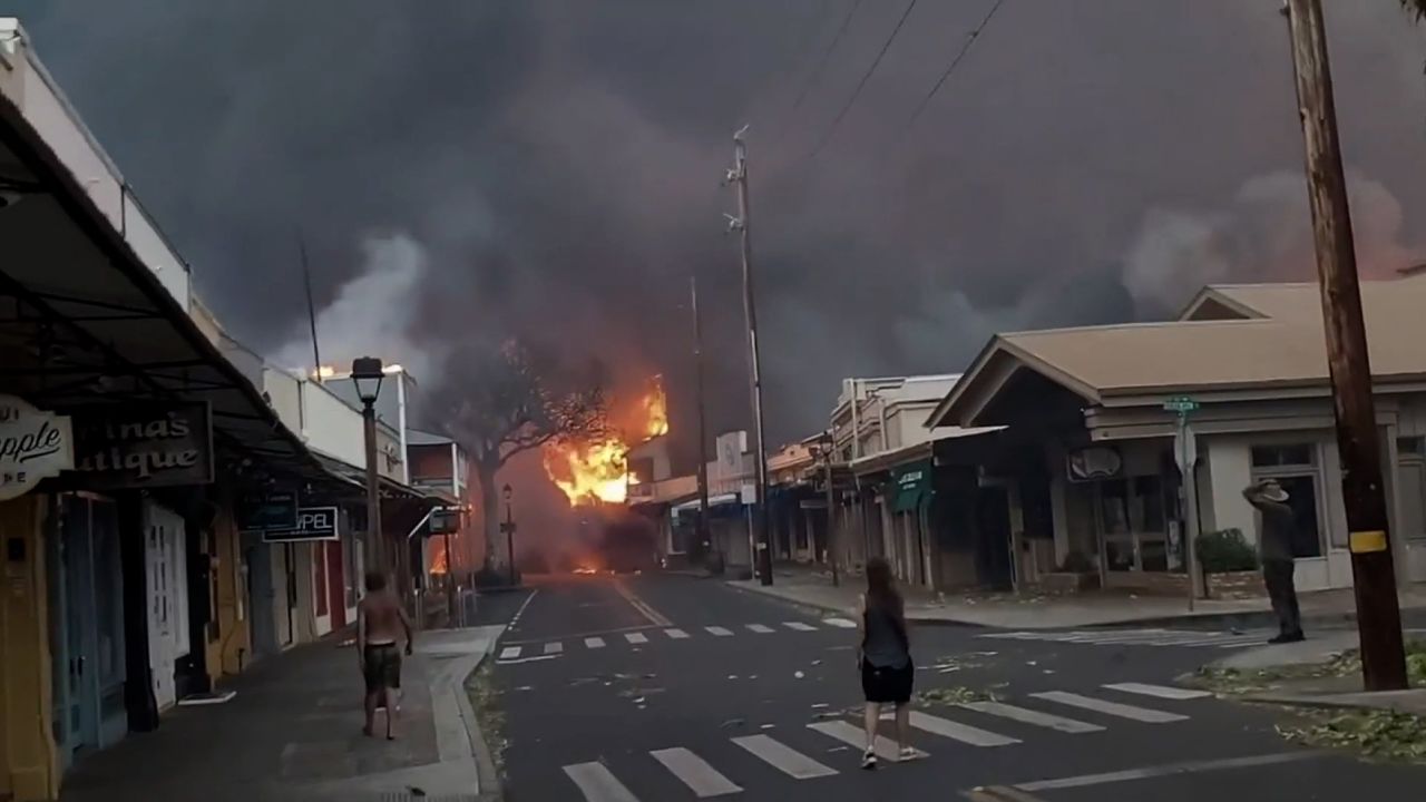 Fire burned buildings near Dickenson Street in Lahaina, Maui, on Tuesday.