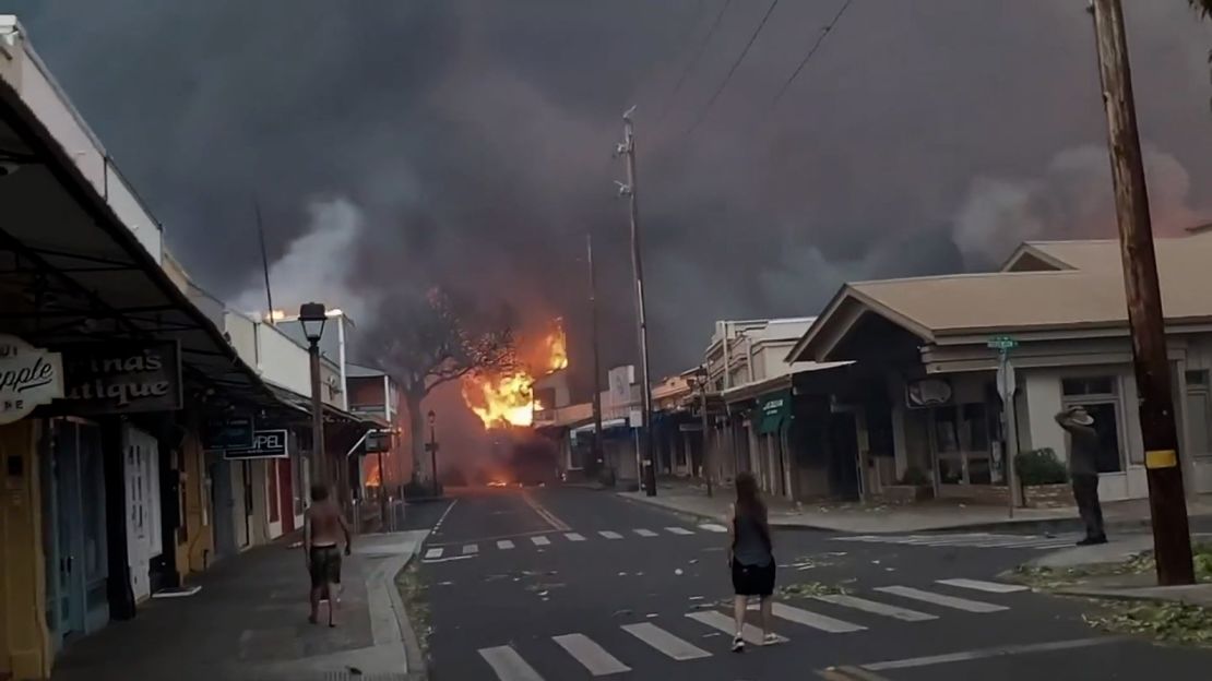 Fire burned buildings near Dickenson Street in Lahaina, Maui, on Tuesday.