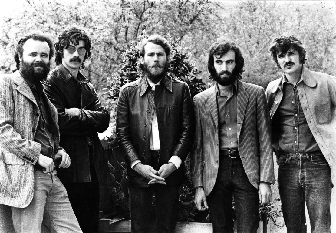 (From left to right) Garth Hudson, Robbie Robertson, Levon Helm, Richard Manuel and Rick Danko of The Band pose for a group portrait in London in June 1971.