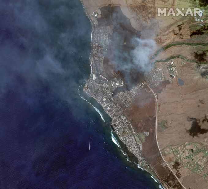 A satellite image shows an overview of wildfires in Lahaina on Wednesday.