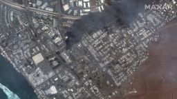 A satellite image shows an overview of wildfires impacting Lahaina Square and outlets, Maui County, in Hawaii, on August 9, 2023.