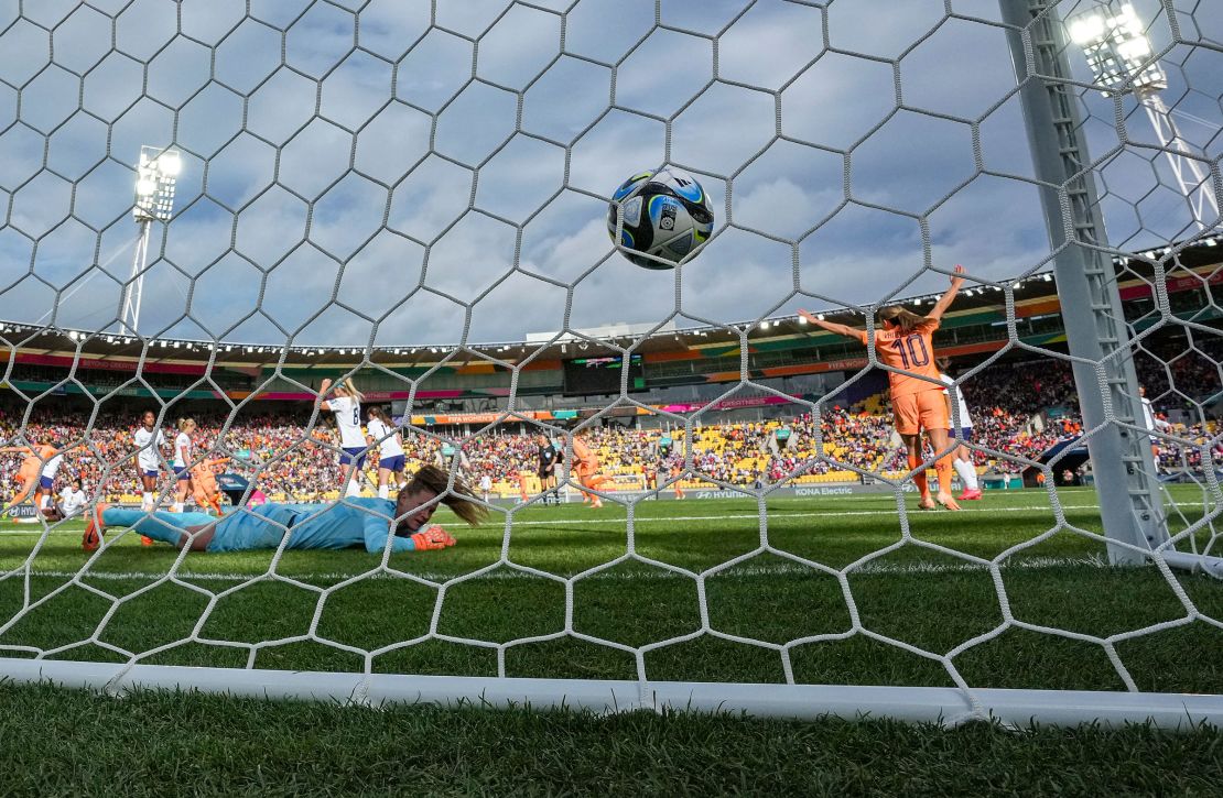 Jul 27, 2023; Wellington, NZL; United States goalkeeper Alyssa Naeher (1), left, watches as the ball, shot by Netherlands midfielder Jill Roord (6), hits the net for a goal in the first half of a group stage match for the 2023 FIFA Women's World Cup at Wellington Regional Stadium. Mandatory Credit: Jenna Watson-USA TODAY Sports