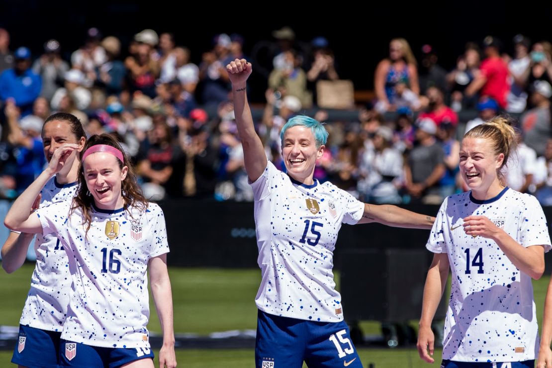 Jul 9, 2023; San Jose, California, USA;  United States of America forward Megan Rapinoe (15) celebrates with her teammates during the send-off celebrations after the game against Wales PayPal Park. Mandatory Credit: John Hefti-USA TODAY Sports