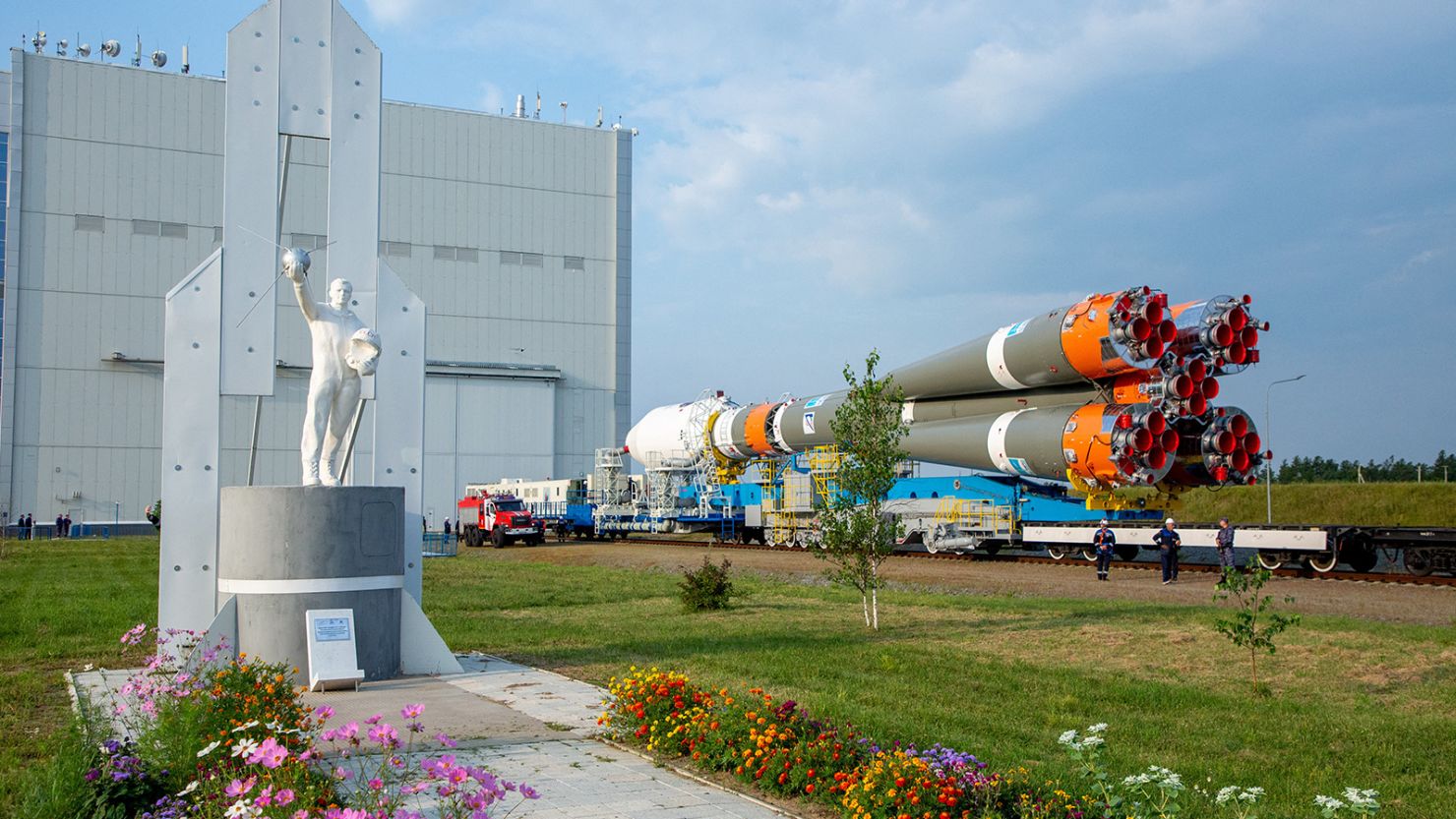 The Soyuz-2.1b rocket booster with the lunar landing spacecraft Luna-25 is rolled out onto the launchpad ahead of its upcoming launch at the Vostochny Cosmodrome in the Amur region, Russia, August 8, 2023. Roscosmos/Handout via REUTERS ATTENTION EDITORS - THIS IMAGE HAS BEEN SUPPLIED BY A THIRD PARTY. MANDATORY CREDIT.