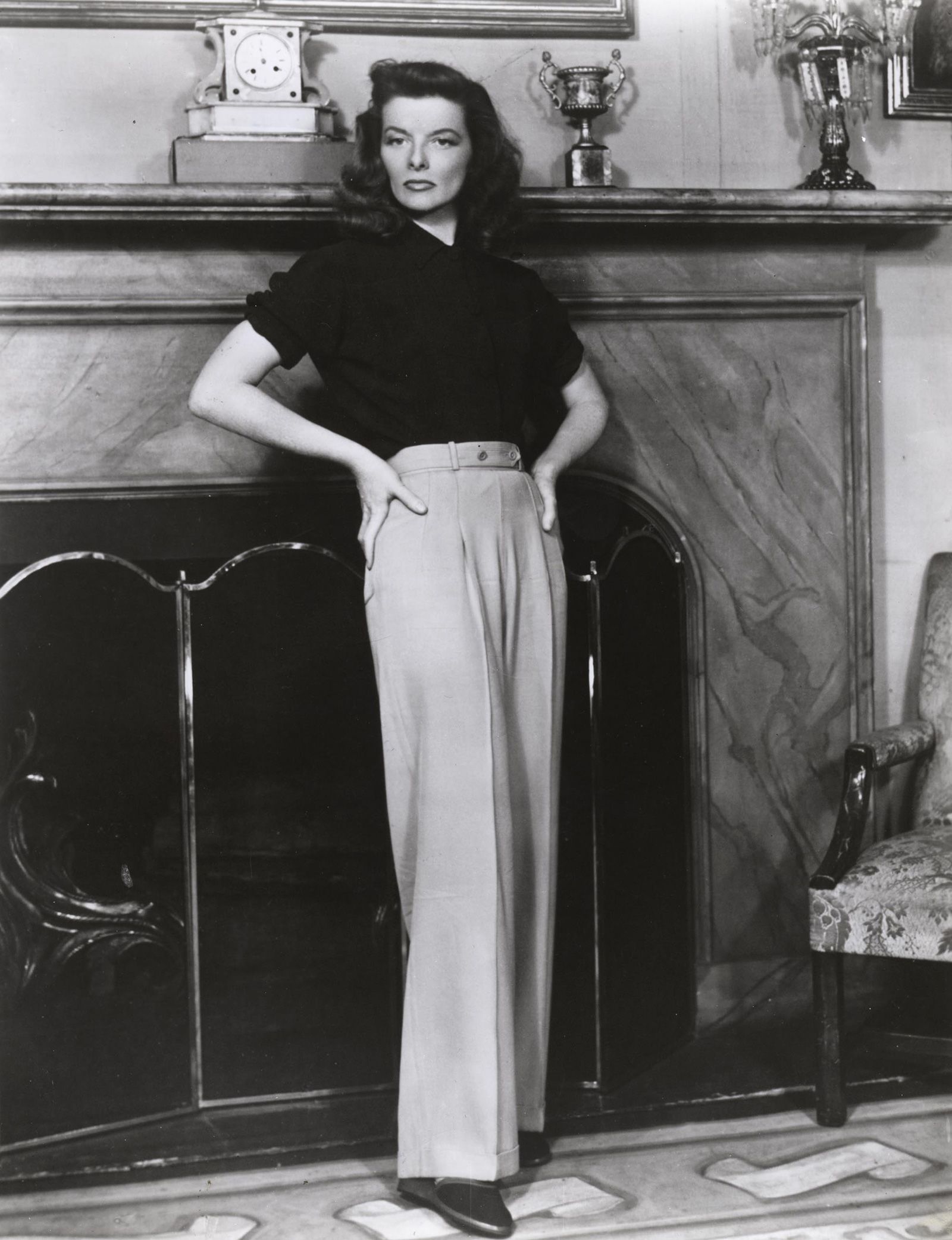 Katharine Hepburn wears pants on the set of the stage production of 