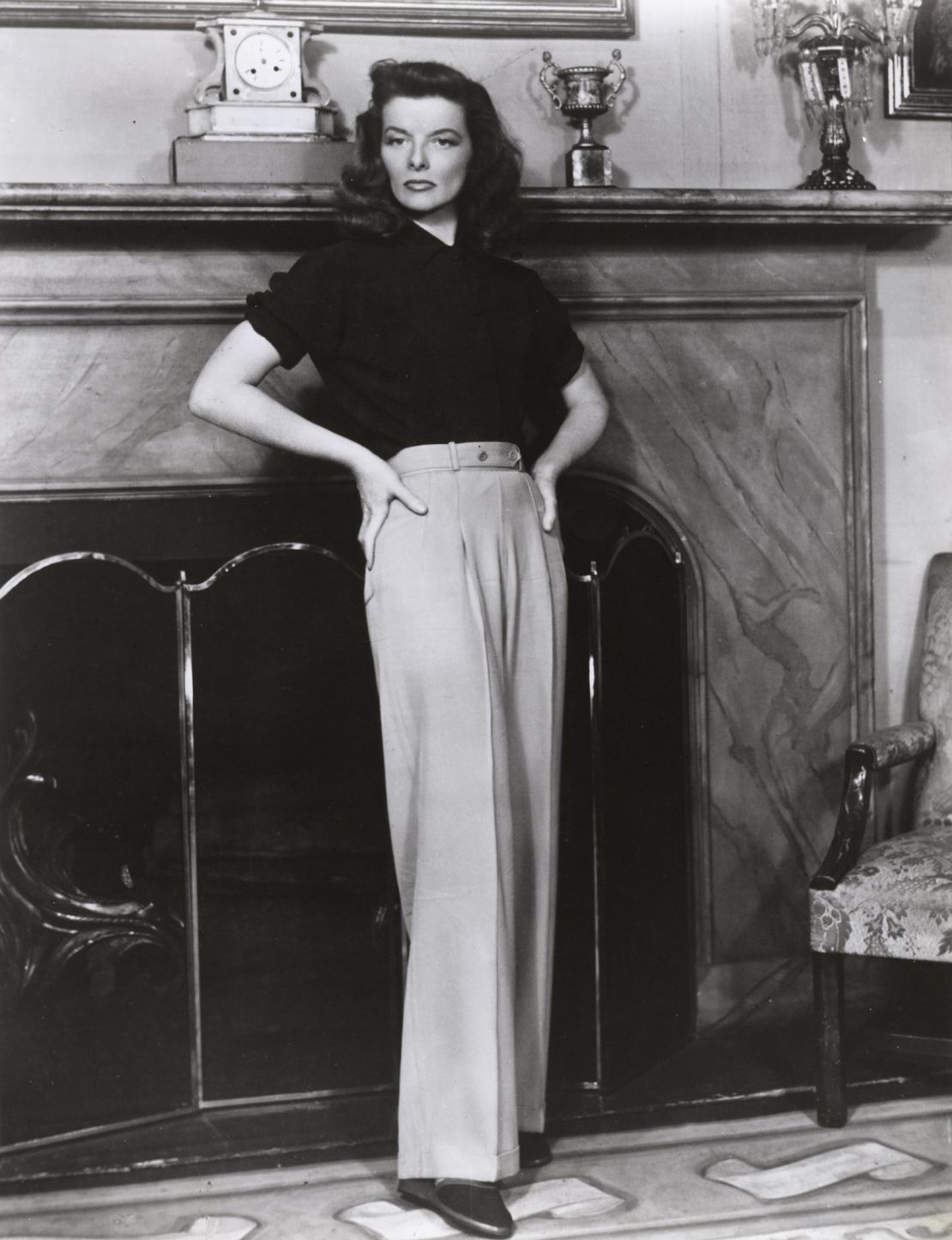 Katharine Hepburn wears pants on the set of the stage production of "Philadelphia Story." The success of the broadway show saw the actress cast in the lead role for the movie adaptation.