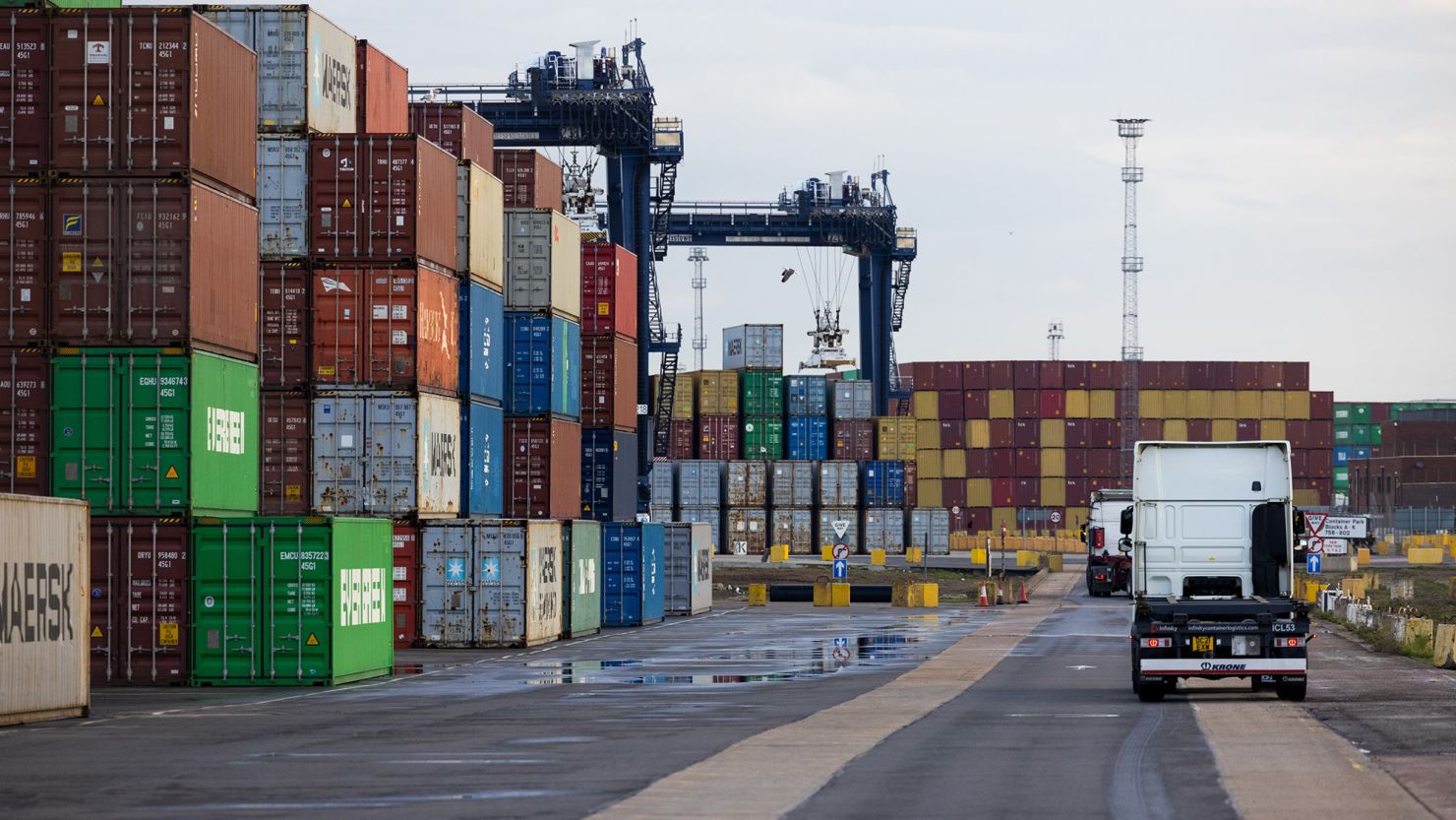 Shipping containers on the dockside at the UK Port of Felixstowe seen in May 2023