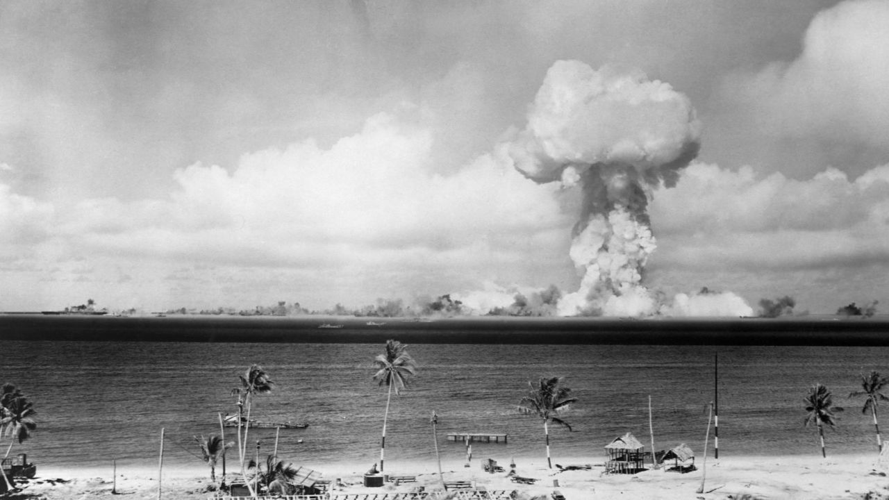 A mushroom cloud seen from Eneu Island, resulting from an atomic explosion of "Able" during Operation Crossroads, July 1, 1946. (Photo by © CORBIS/Corbis via Getty Images)