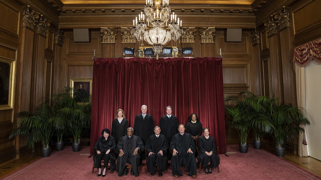 Members of the Supreme Court sit for a group photo following the recent addition of Associate Justice Ketanji Brown Jackson, at the Supreme Court building on Capitol Hill on Friday, Oct 07, 2022 in Washington, DC. 