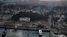 An aerial view shows the historic Banyan Tree along with destroyed homes, boats, and buildings burned to the ground in the historic Lahaina town in the aftermath of wildfires in western Maui in Lahaina, Hawaii, on August 10, 2023.