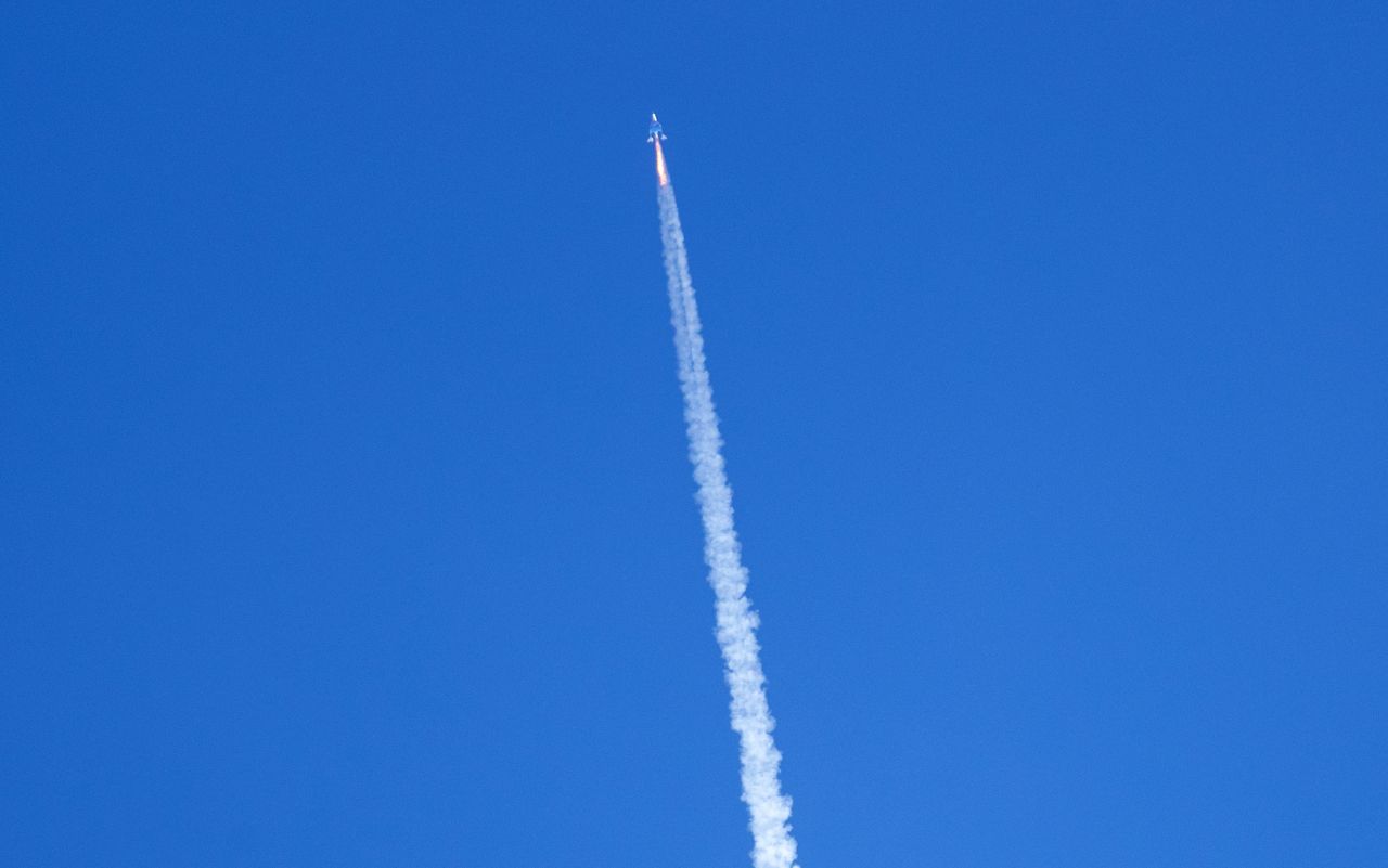 Virgin Galactic's rocket-powered plane Unity 22, flies on its way to the edge of space after taking off from Spaceport America, near Truth or Consequences, N.M., Thursday, Aug. 10, 2023. Virgin Galactic is taking its first space tourists on a long-delayed rocket ship ride. (AP Photo/Andrés Leighton)