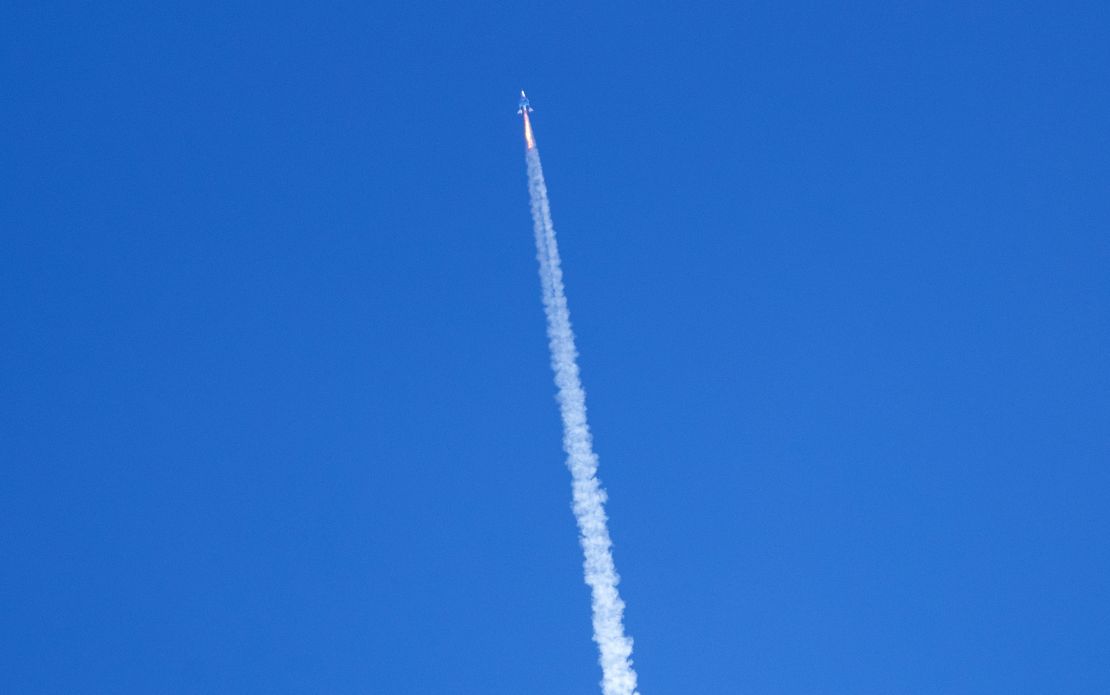 Virgin Galactic's rocket-powered plane Unity 22, flies on its way to the edge of space after taking off from Spaceport America, near Truth or Consequences, N.M., Thursday, Aug. 10, 2023. Virgin Galactic is taking its first space tourists on a long-delayed rocket ship ride. (AP Photo/Andrés Leighton)