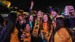 SYDNEY, AUSTRALIA - AUGUST 07: Fans at Sydney's FIFA Fan Site celebrate after watching the Matildas FIFA World Cup win their round of 16 match against Denmark on August 07, 2023 in Sydney, Australia. (Photo by Roni Bintang/Getty Images)