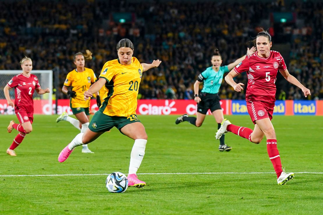 Sam Kerr takes the ball during a FIFA World Cup 2023 round of 16 match between Australia and Denmark at Stadium Australia on August 7.
