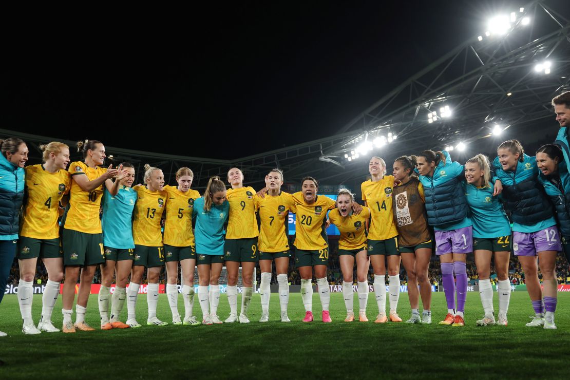 Captain Sam Kerr of Australia speaks to her teammates after her team's 2-0 victory over Denmark at Stadium Australia on August 7.