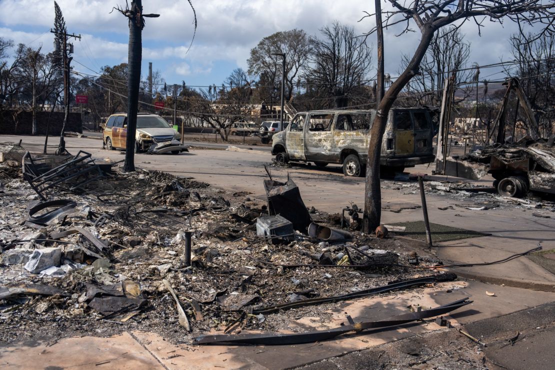 Burned cars seen on Thursday after wildfires raged through Lahaina, Hawaii.