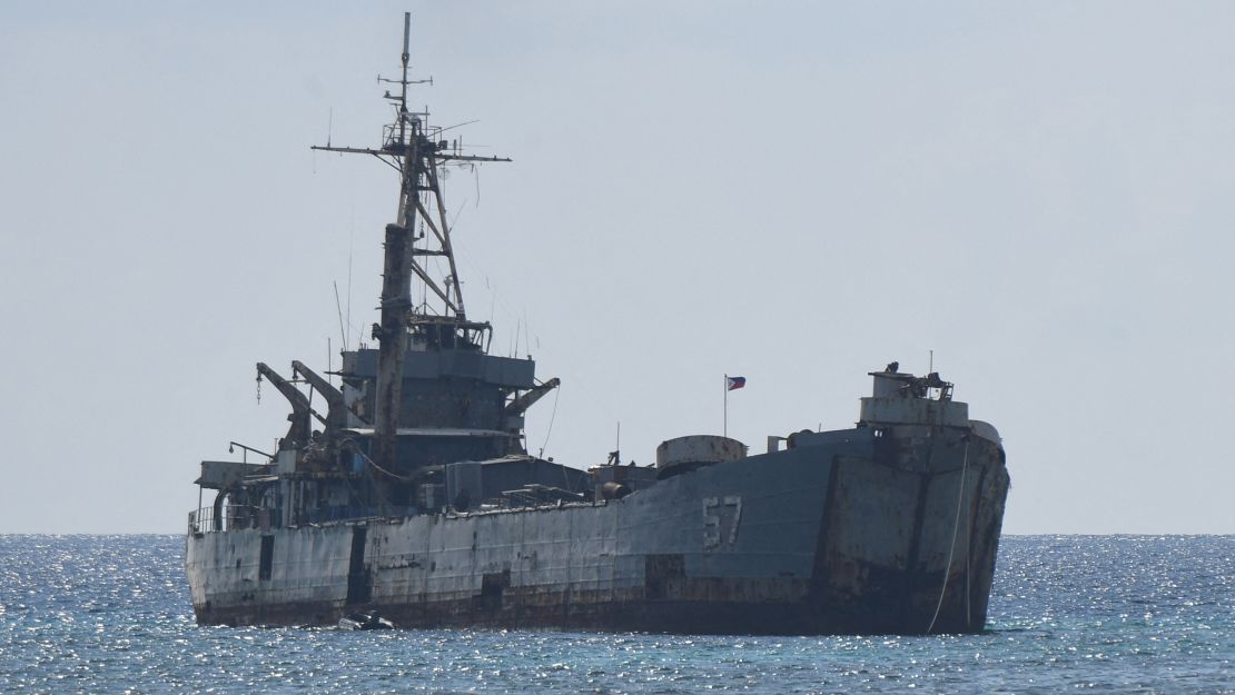 The grounded Philippine navy ship Sierra Madre, which Manila uses to stake its territorial claims at Second Thomas Shoal in the Spratly Islands in the disputed South China Sea, as pictured on April 23, 2023.
