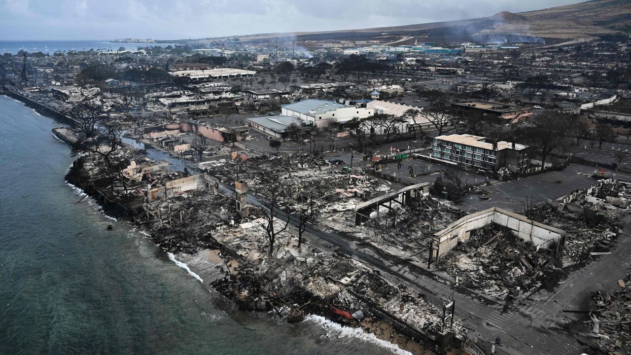 An aerial image from August 10 shows homes and buildings in Lahaina destroyed by wildfire.