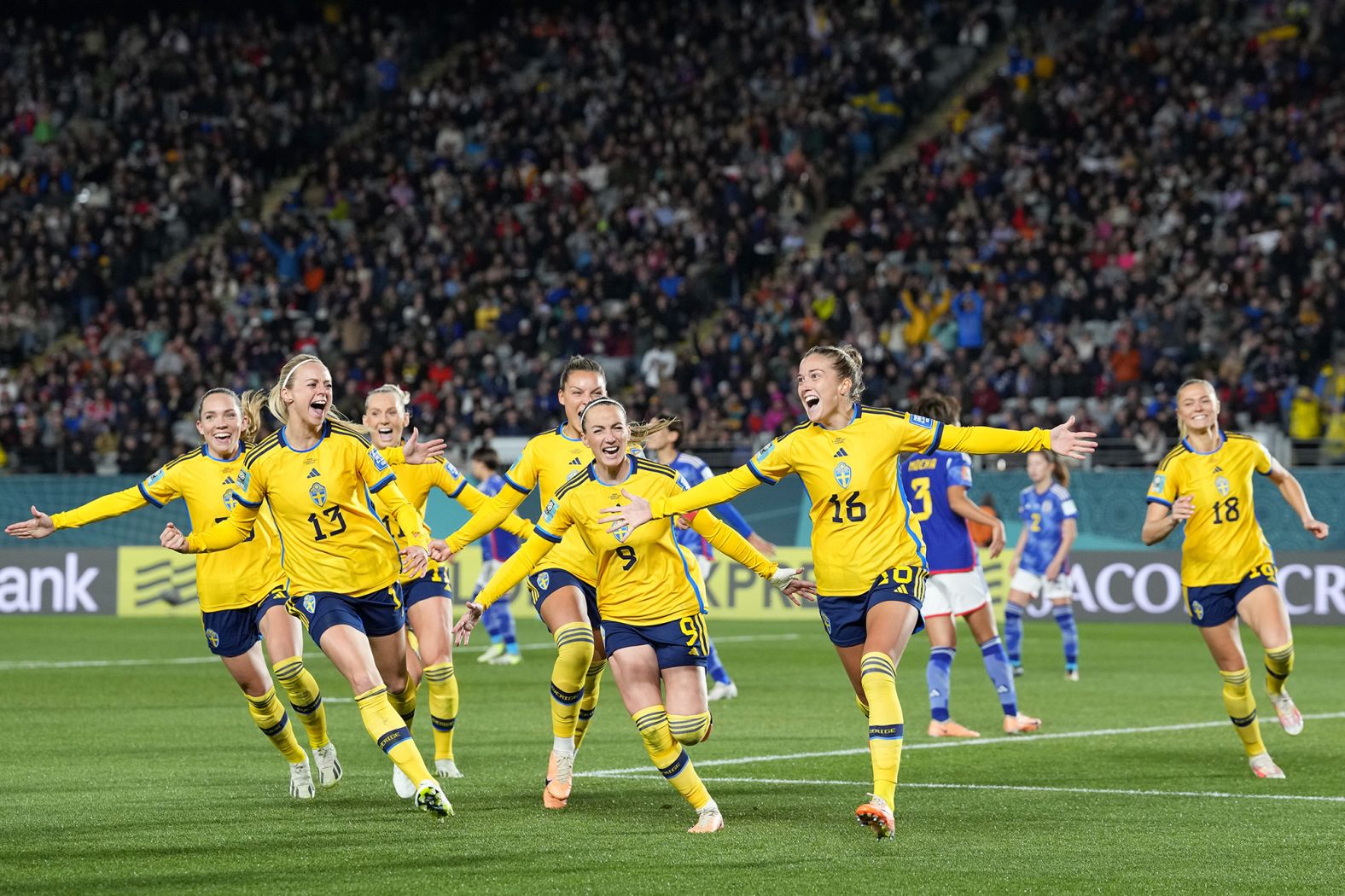 Sweden's Filippa Angeldal, second right, celebrates after scoring a penalty against Japan on Friday, August 11. <a href="https://www.cnn.com/2023/08/11/football/japan-sweden-womens-world-cup-spt-intl/index.html" target="_blank">Sweden won 2-1</a> to book a spot in the semifinals.