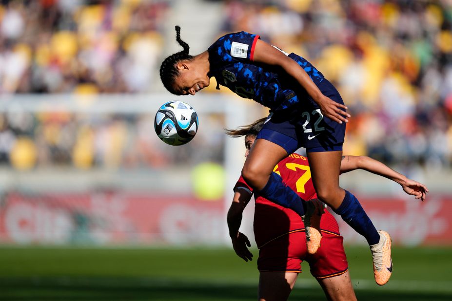 Esmee Brugts of the Netherlands goes for a header in the quarterfinal match against Spain.