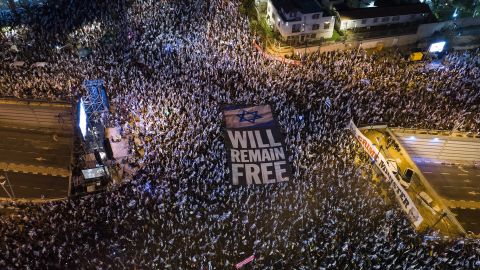 Tens of thousands of Israelis protest against plans by Prime Minister Benjamin Netanyahu's government to overhaul the judicial system in Tel Aviv, Israel on April 15.