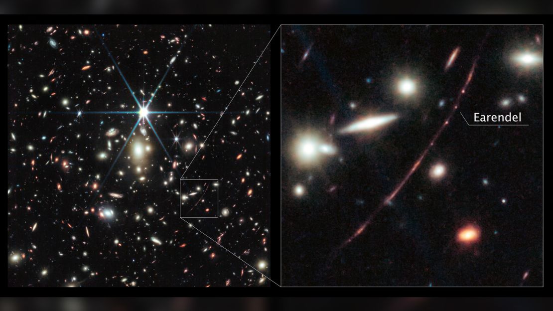 This Webb image shows a massive galaxy cluster called WHL0137-08, and at the right, an inset of the most strongly magnified galaxy known in the universe’s first billion years called the Sunrise Arc.