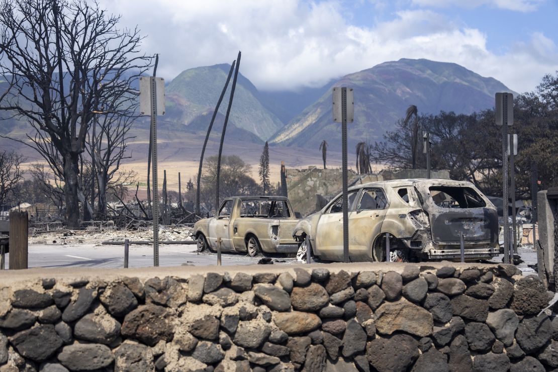 Burnt-out cars in Lahaina. Residents said they heard of people abandoning their cars to run into the ocean as the fires hit.
