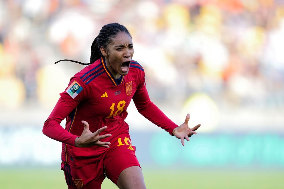 Spain's Salma Paralluelo celebrates after scoring in extra time during the quarterfinal clash against the Netherlands on August 11. It ended up being the winning goal as <a href=