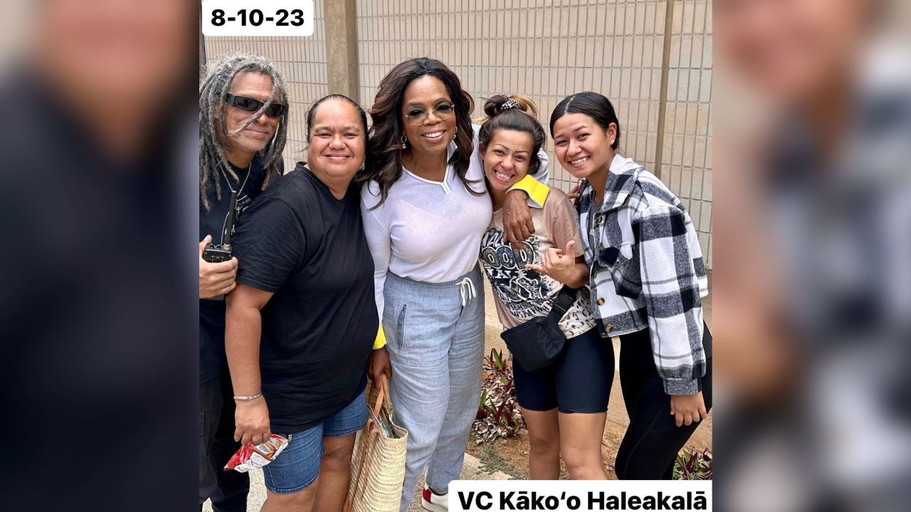 Oprah Winfrey poses for a photo at a shelter in Wailuku in this image posted to Instagram.