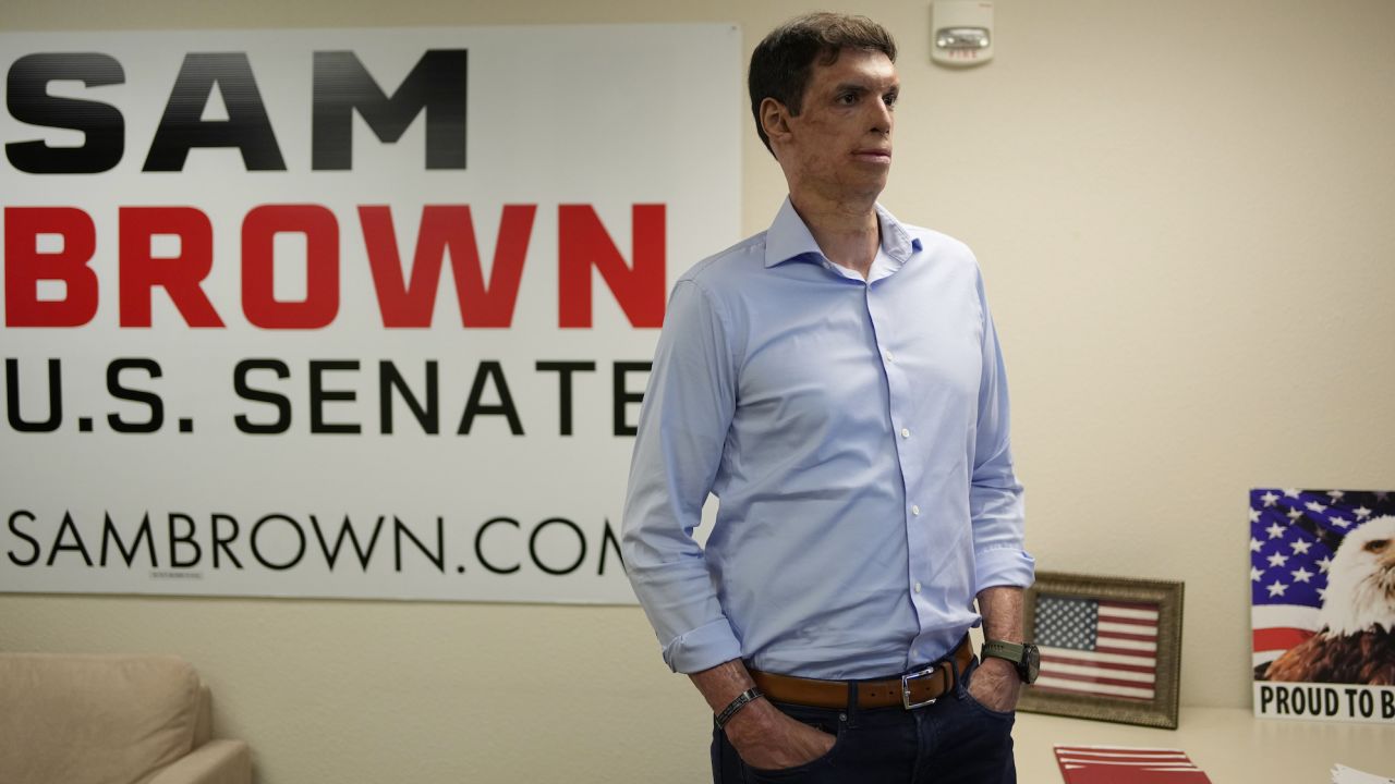 Nevada Republican Senate hopeful Sam Brown stands in a campaign office Tuesday, June 14, 2022, in Las Vegas. 