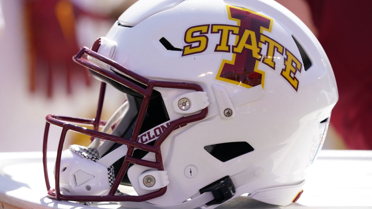An Iowa State helmet is seen on the Bech during the first half of an NCAA college football game against Baylor, Saturday, Sept. 24, 2022, in Ames, Iowa. (AP Photo/Charlie Neibergall)