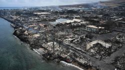 An aerial image taken on August 10, 2023 shows destroyed homes and buildings on the waterfront burned to the ground in Lahaina in the aftermath of wildfires in western Maui, Hawaii. At least 36 people have died after a fast-moving wildfire turned Lahaina to ashes, officials said August 9, 2023 as visitors asked to leave the island of Maui found themselves stranded at the airport. The fires began burning early August 8, scorching thousands of acres and putting homes, businesses and 35,000 lives at risk on Maui, the Hawaii Emergency Management Agency said in a statement. (Photo by Patrick T. Fallon / AFP) (Photo by PATRICK T. FALLON/AFP via Getty Images)