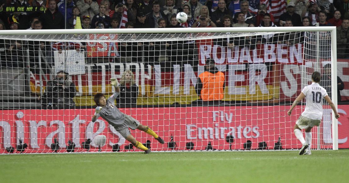 United States' Carli Lloyd fails to score during the penalty shootout of the final match between Japan and the United States at the Women's Soccer World Cup in Frankfurt, Germany, Sunday, July 17, 2011. The Japanese women's soccer team won their first World Cup Sunday after defeating USA in a penalty shoot-out. (AP Photo/Marcio Jose Sanchez)