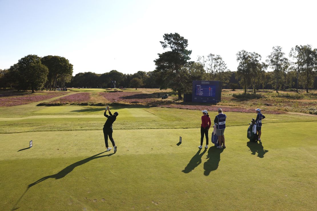 TADWORTH, ENGLAND - AUGUST 10: Carlota Ciganda of Spain plays her tee shot on the 5th hole on Day One of the AIG Women's Open at Walton Heath Golf Club on August 10, 2023 in Tadworth, England. (Photo by Luke Walker/Getty Images for HSBC)