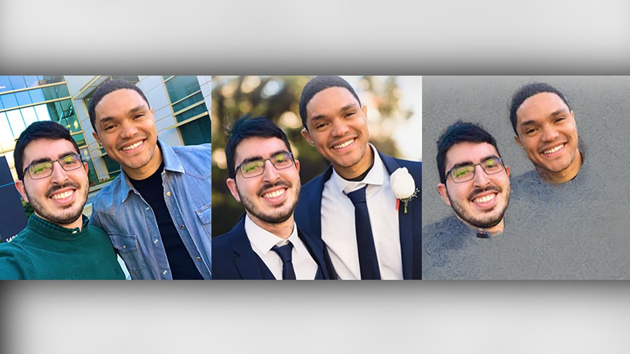 In this demonstration released by MIT, a researcher shows a selfie (left) he took with comedian Trevor Noah. The middle photo, an AI-generated fake image, shows how the image looks after he used an AI model to generate a realistic edit of the pair wearing suits. The right image depicts how the researchers' tool, PhotoGuard, would prevent an attempt by AI models from editing the photo.
