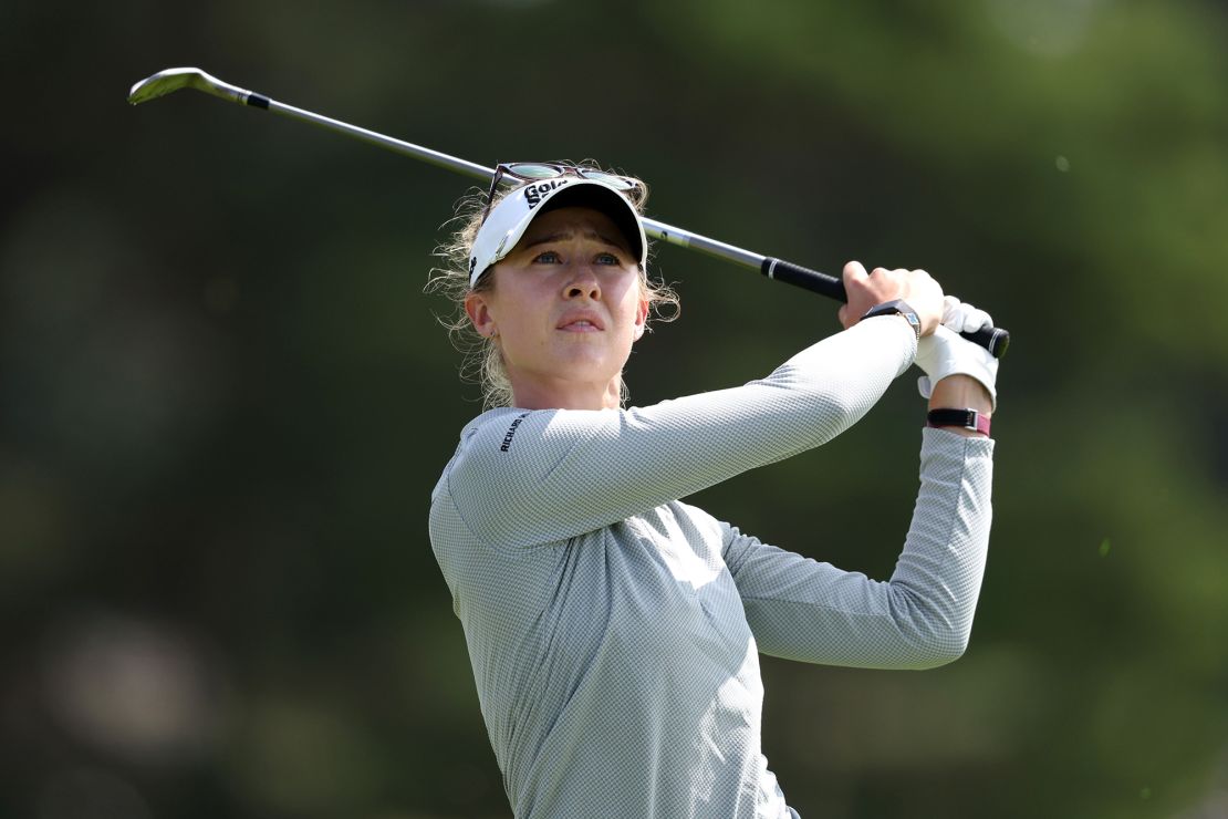 TADWORTH, ENGLAND - AUGUST 10: Nelly Korda of United States plays her second shot on the 18th hole on Day One of the AIG Women's Open at Walton Heath Golf Club on August 10, 2023 in Tadworth, England. (Photo by Warren Little/Getty Images)