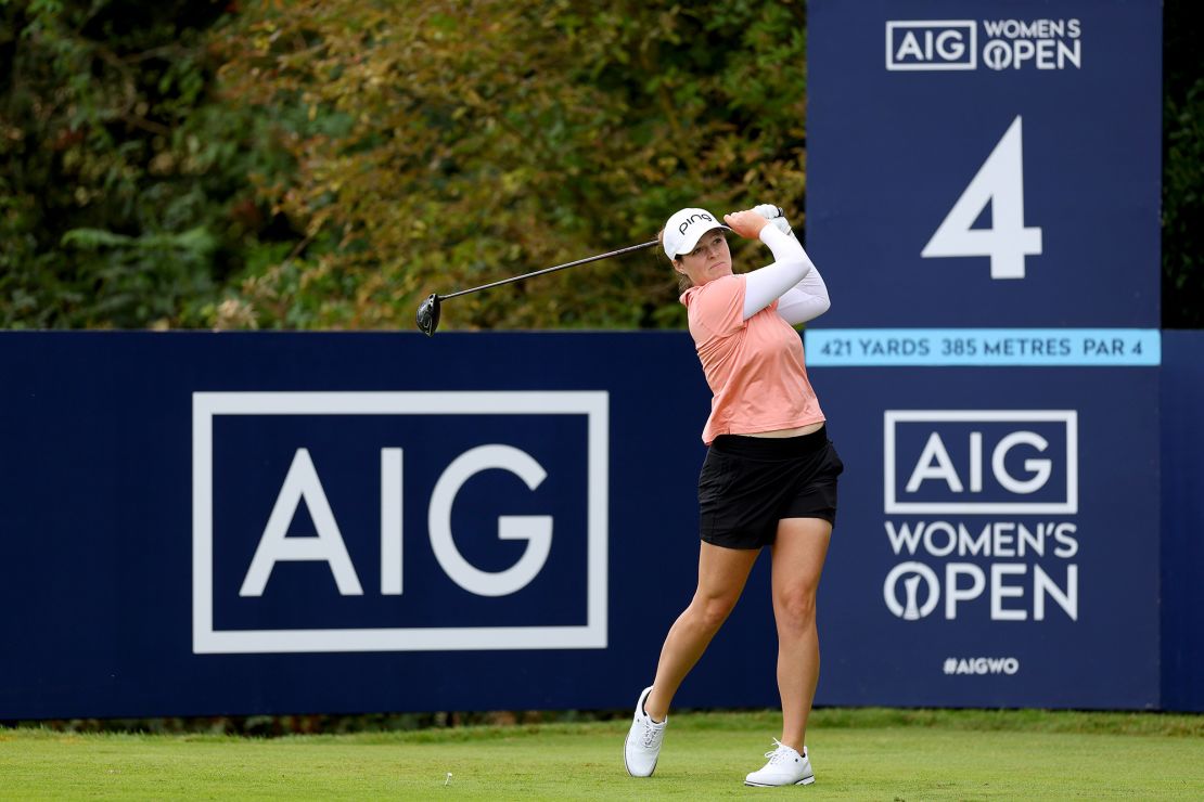 TADWORTH, ENGLAND - AUGUST 11: Ally Ewing of the United States plays her tee shot on the 4th hole on Day Two of the AIG Women's Open at Walton Heath Golf Club on August 11, 2023 in Tadworth, England. (Photo by Andrew Redington/Getty Images)