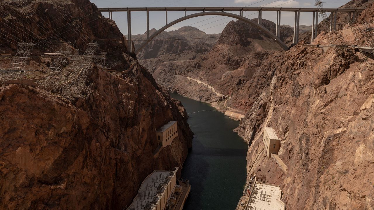 The Colorado River flows underneath the Mike O'Callaghan--Pat Tillman Memorial Bridge downstream from the Hoover Dam on April 3, 2023.