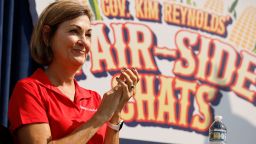 DES MOINES, IOWA - AUGUST 10: Iowa Governor Kim Reynolds hosts her first "Fair-Side Chats" at the Iowa State Fair on August 10, 2023 in Des Moines, Iowa. Republican and Democratic presidential hopefuls, including Florida Governor Ron DeSantis and former U.S. President Donald Trump, are expected to visit the fair, a tradition in one of the first states to hold caucuses in 2024. (Photo by Chip Somodevilla/Getty Images)