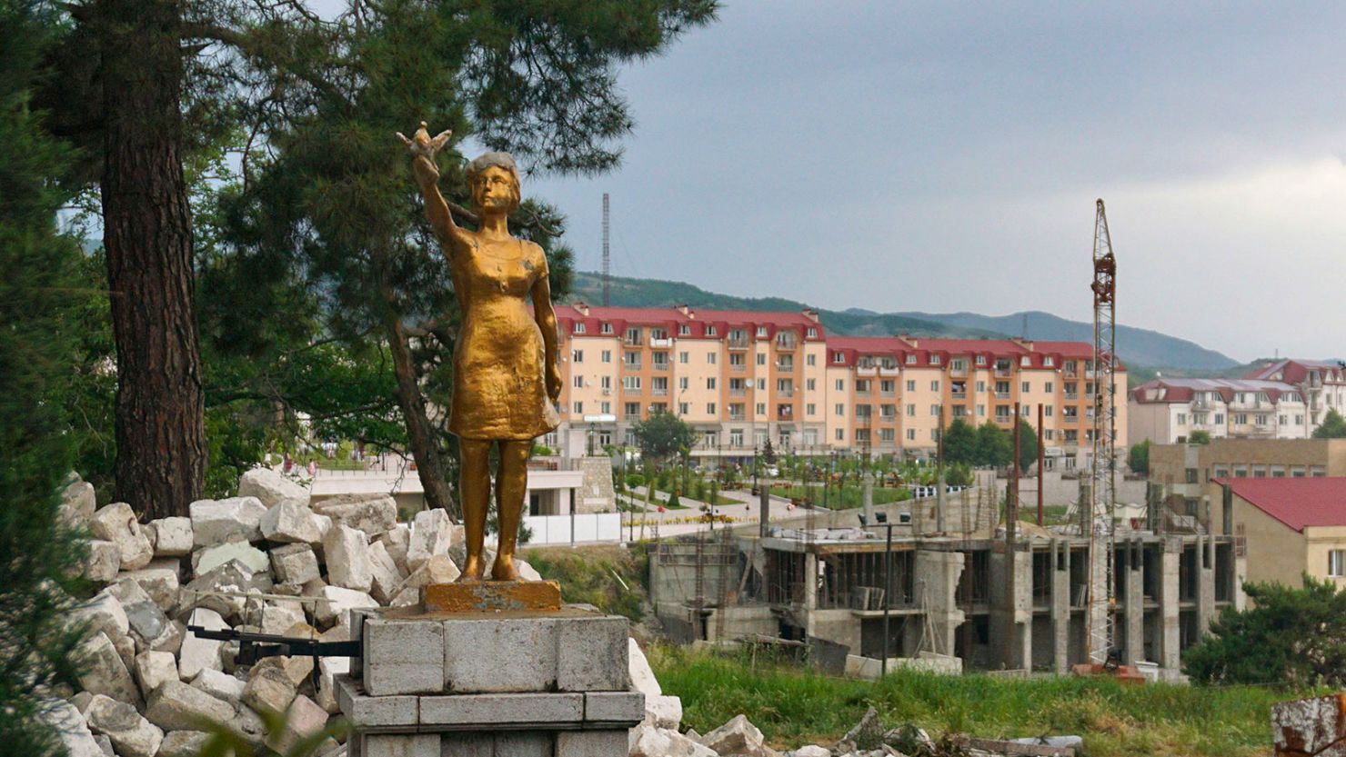 A statue in front of a construction site in Stepanakert, Nagorno-Karabakh. 