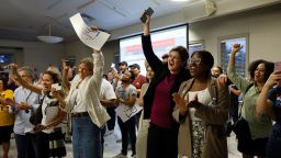 People celebrate the defeat of Issue 1 during a watch party Tuesday, Aug. 8, 2023, in Columbus, Ohio. Ohio voters have resoundingly rejected a Republican-backed measure that would have made it more difficult to pass abortion protections. (AP Photo/Jay LaPrete)