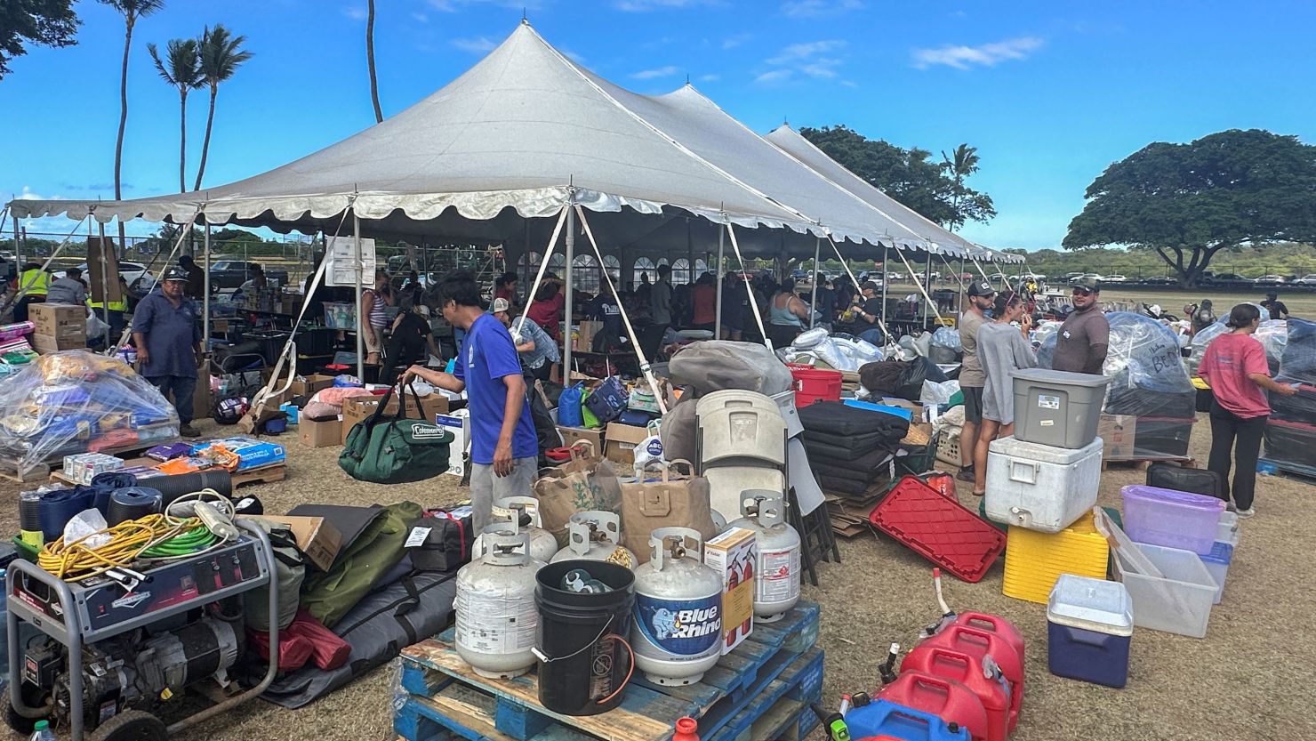 A view of a War Memorial Gym turned into donation and medical shelter to aid victims of the Maui wildfires in Kahului, Hawaii, on Friday, August 11.
