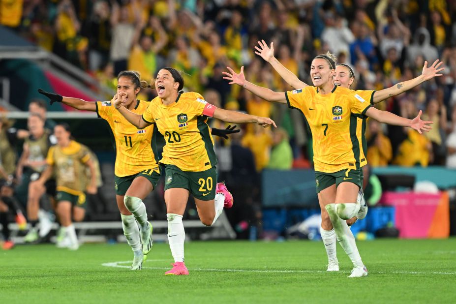 Australian players celebrate after winning a <a href="https://www.cnn.com/2023/08/11/football/australia-france-england-colombia-womens-world-cup-quarterfinal-spt-intl/index.html" target="_blank">dramatic penalty shootout</a> against France on August 12. The shootout was decided on the 20th kick.