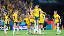 Australia players react during a penalty shootout during the Women's World Cup quarterfinal soccer match between Australia and France in Brisbane, Australia, Saturday, Aug. 12, 2023. (AP Photo/Tertius Pickard)