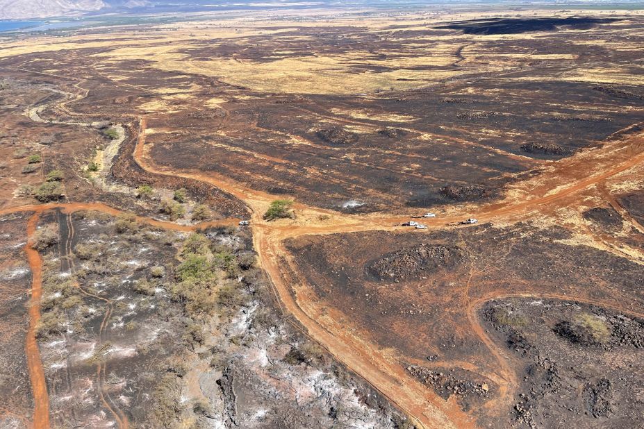 This photo provided by the Hawaii Department of Land and Natural Resources shows burnt areas of grasslands in the Upcountry region on the Maui island, Hawaii, on Friday.