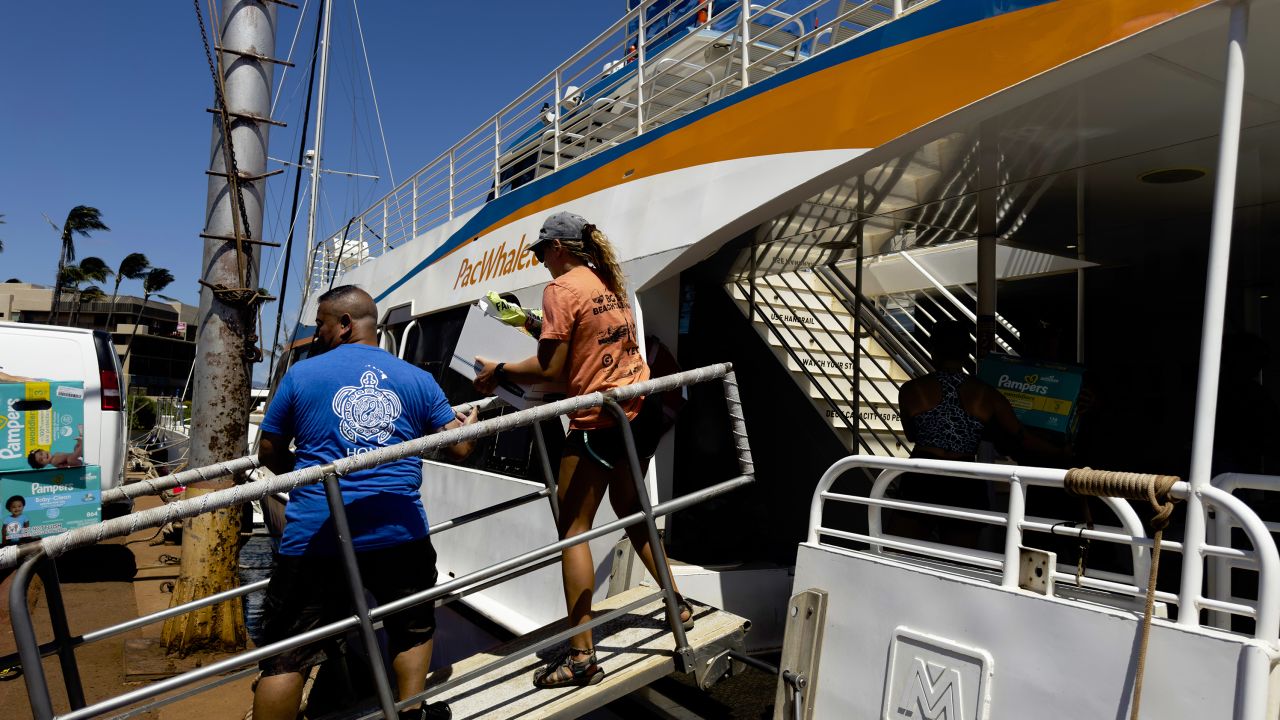 A bucket brigade supply line transporting supplies from the marina dock, through a Pacific Whale Foundation ship, onto the Ocean Spirit.