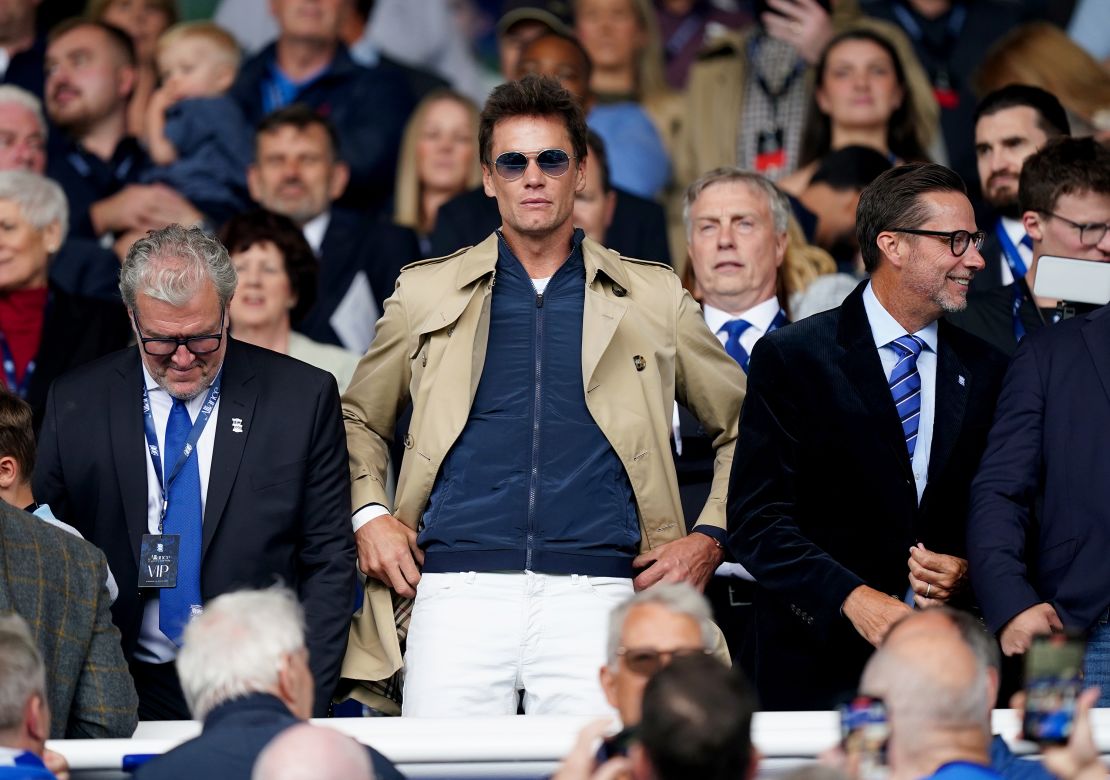 Birmingham City co-owner Tom Brady (centre), CEO Garry Cook (left) and director Matt Alvarez (right) in the stands before the Sky Bet Championship match at St. Andrew's, Birmingham. Picture date: Saturday August 12, 2023. (Photo by Mike Egerton/PA Images via Getty Images)