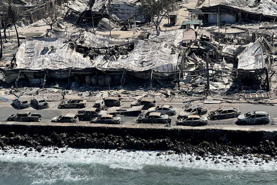 The shells of burned houses, vehicles and buildings are left after wildfires driven by high winds burned across most of Lahaina, Hawaii.
